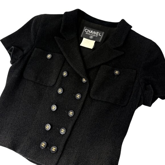 CHANEL Vintage 95P CC Mark Logo Cropped Jacket #36 Button Black Gold [106360] - Picture 5 of 12